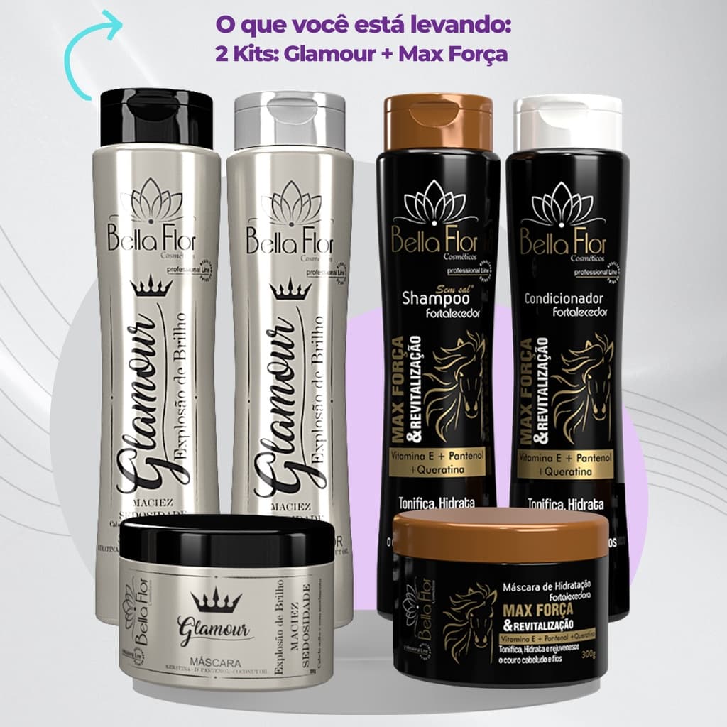 2 Kits Capilares Glamour e Max Força 6 Produtos Shampoo Condicionador Máscara Bella Flor Fortalecimento Brilho