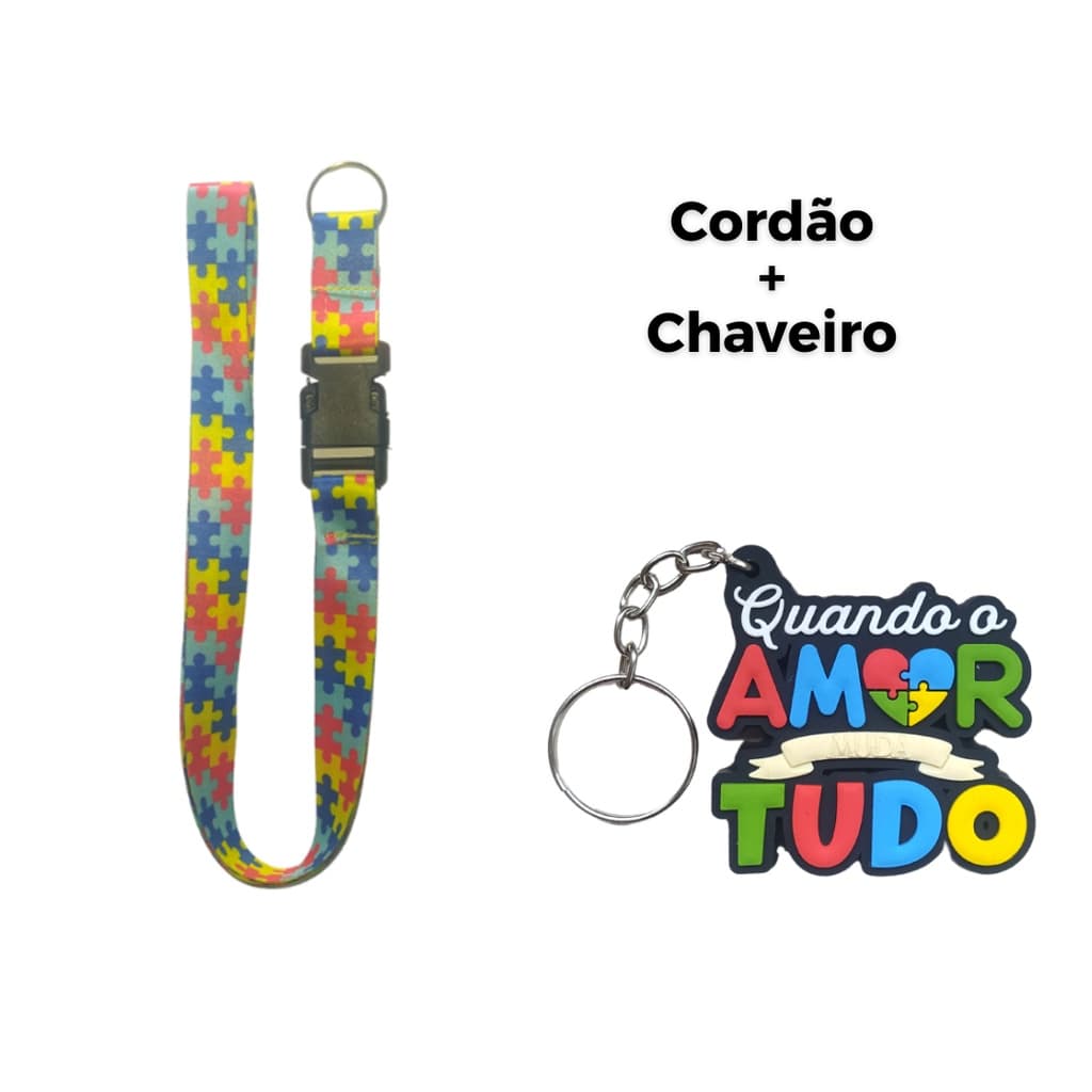 Kit Chaveiro Cordão Moto Pescoço Fecho Engate Rápido Crachá Autista/TEA Quebra Cabeça Vermelho + Chaveiro Emborrachado Autismo Alto Relevo Amor