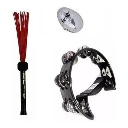 Kit Pandeiro Meia Lua Ovinho Aluminio Vassoura Tv087 Cajon