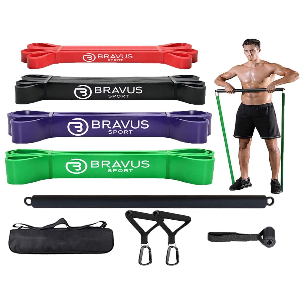 MEGA Kit 4 Super Bands com Alças de Mão, Âncora de Porta e Barra de Exercícios