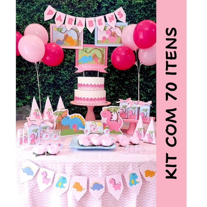 Dinossauro Baby Cute Menina Rosa Kit so um bolinho 70 itens