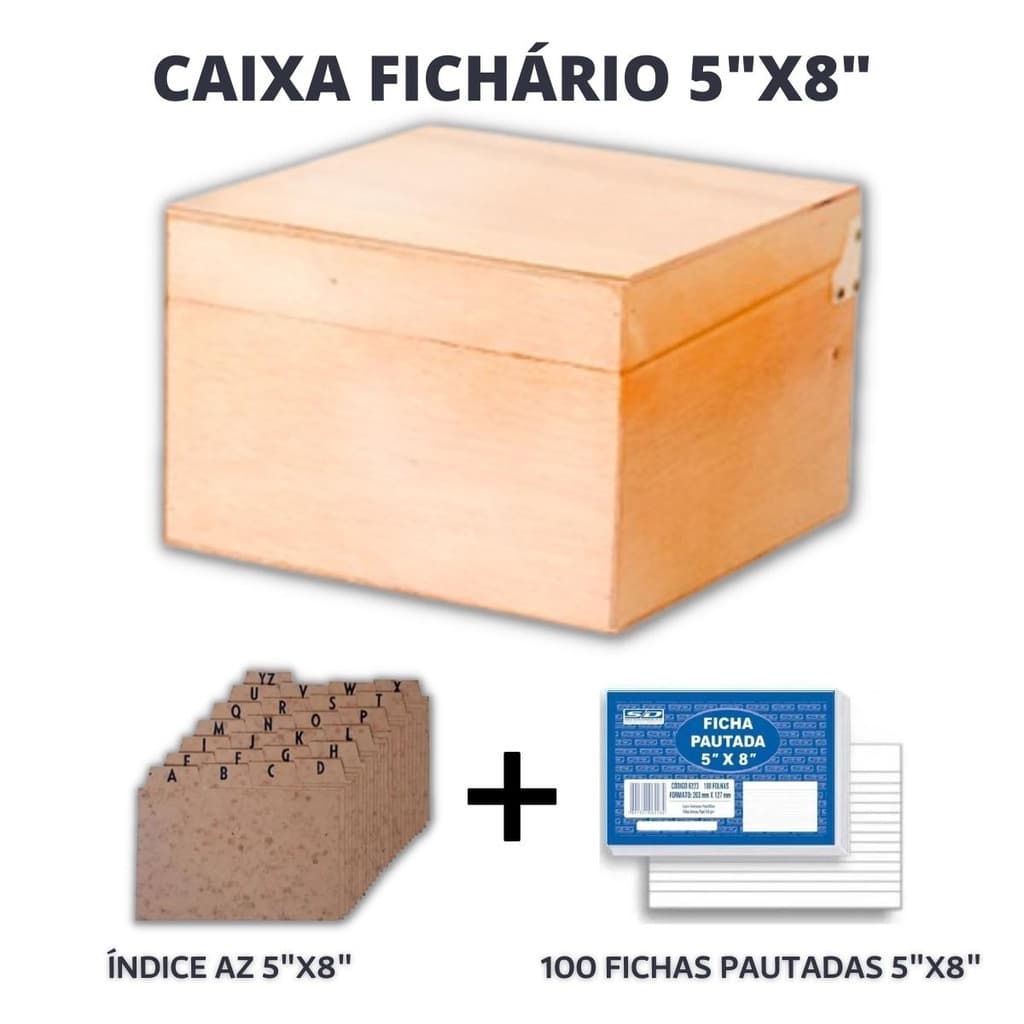 Caixa Fichário Mesa Madeira 5x8 + Índice + 100 Ficha Pautada
