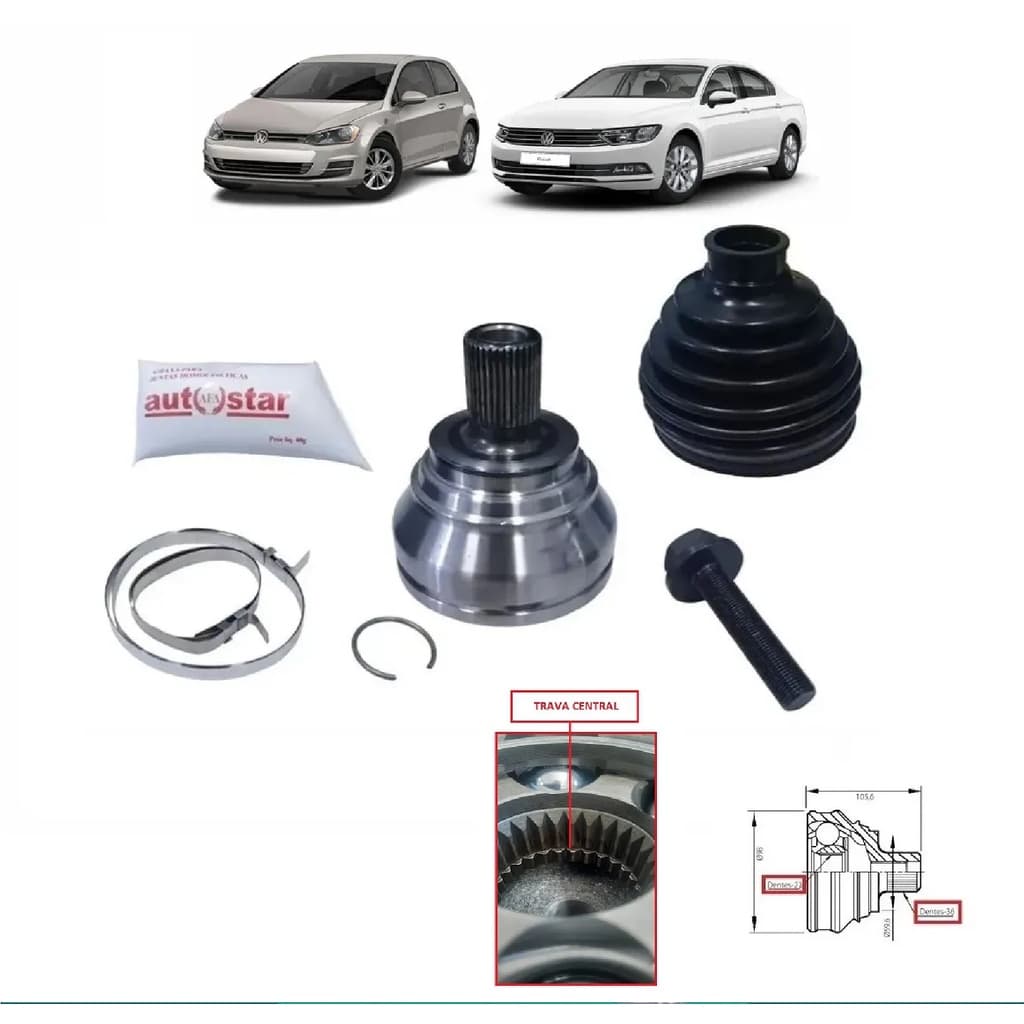 Junta Homocinética Dianteira Roda 27X36 Dentes Trava Central AUDI/VW A3/Q3/GOLF/JETTA/PASSAT 1.4 16V TFSI/TSI/2.0 16V FSI/TFSI 2010 A 2019 5Q0407271G/SKU959