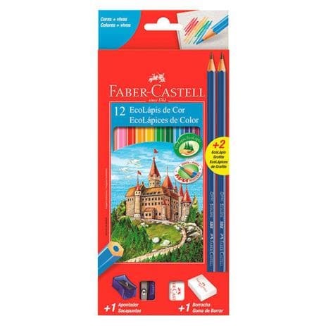 Lápis De Cor Faber Castell 12 Cores + 2 Grafite Ecolapis Max Resistente Lacrado
