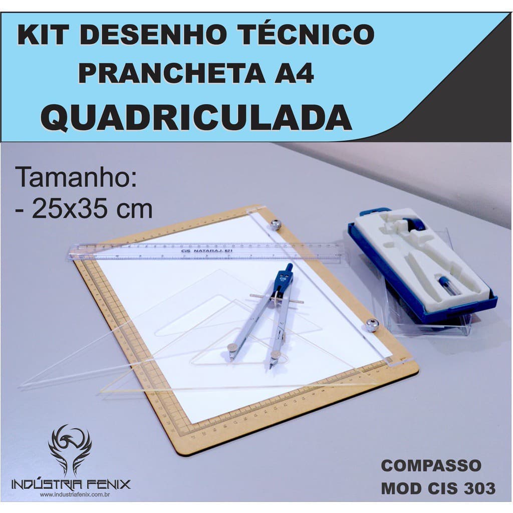 Kit Desenho Técnico Prancheta Engenharia Arquitetura a4 QUADRICULADA Esquadros 26 cm Compasso Cis 303 Regua 30 CM FENIX