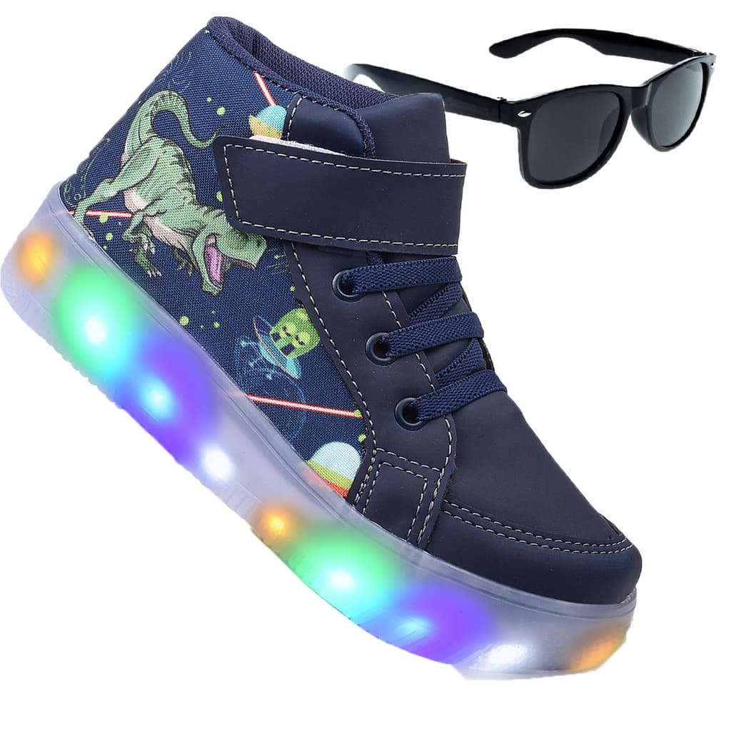 kit Tênis Masculino Infantil De Led Meninos Botinha Dinossauro + Óculos Linkito