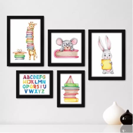 Quadros decorativos 5 peças mosaicos para sua sala ou quarto Animais - Livros - Infantil - Educação Star = 101