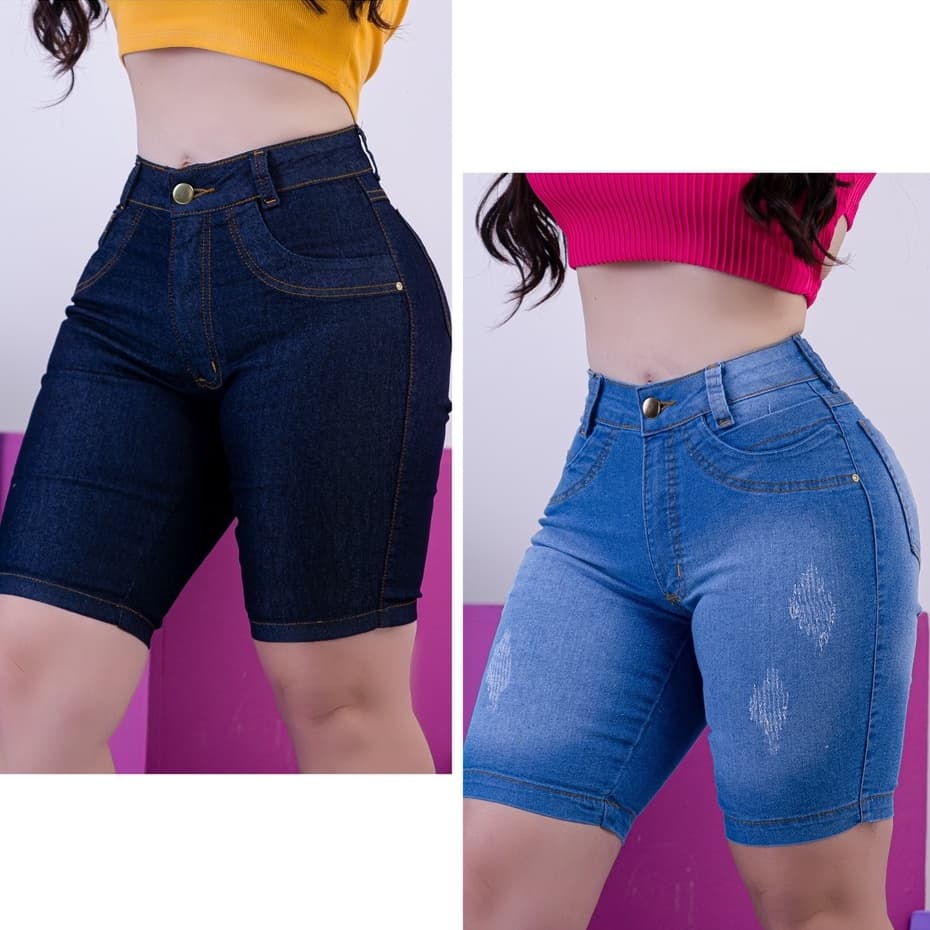 Bermuda Jeans Feminina Ciclista Lycra Elastano Tradicional Até o Joelho Cintura Alta