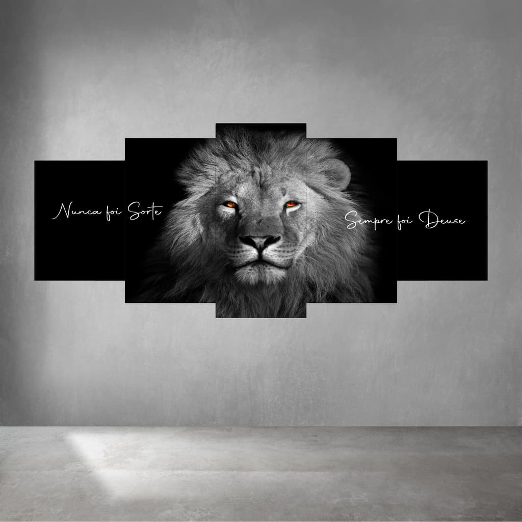 Quadro mosaico Nunca foi sorte sempre foi Deus leão preto e branco