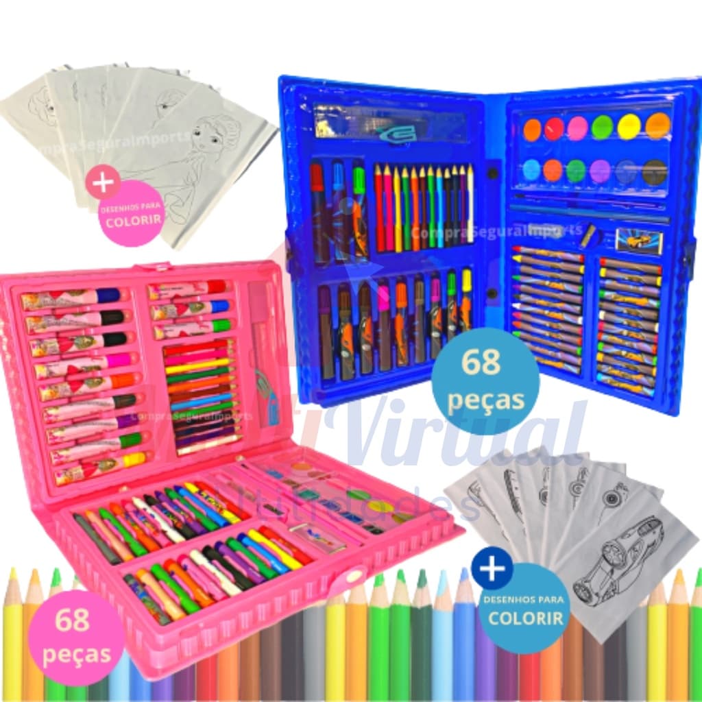 Estojo Maleta Pintura  Infantil Azul, Rosa ou Verde Canetinhas Giz Lápis ENVIO IMEDIATO
