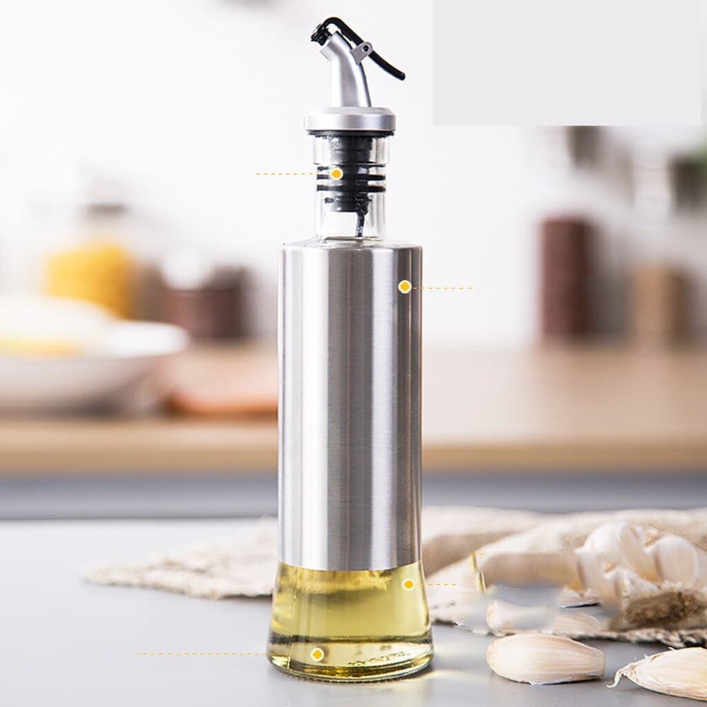 Galheteiro Porta Azeite Vinagre Óleo Com Dosador Em Inox e Vidro 300ml Gourmet Premium