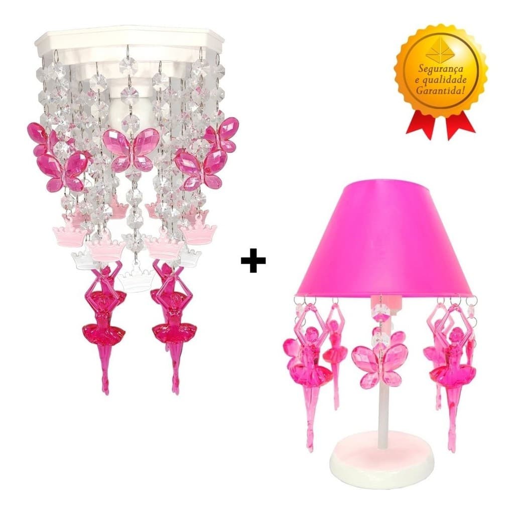 Kit Lustre + Abajur Bailarinas Borboletas Rosa Quarto Infantil Menina Bebê Luminária Decoração Quarto de Criança Rosa