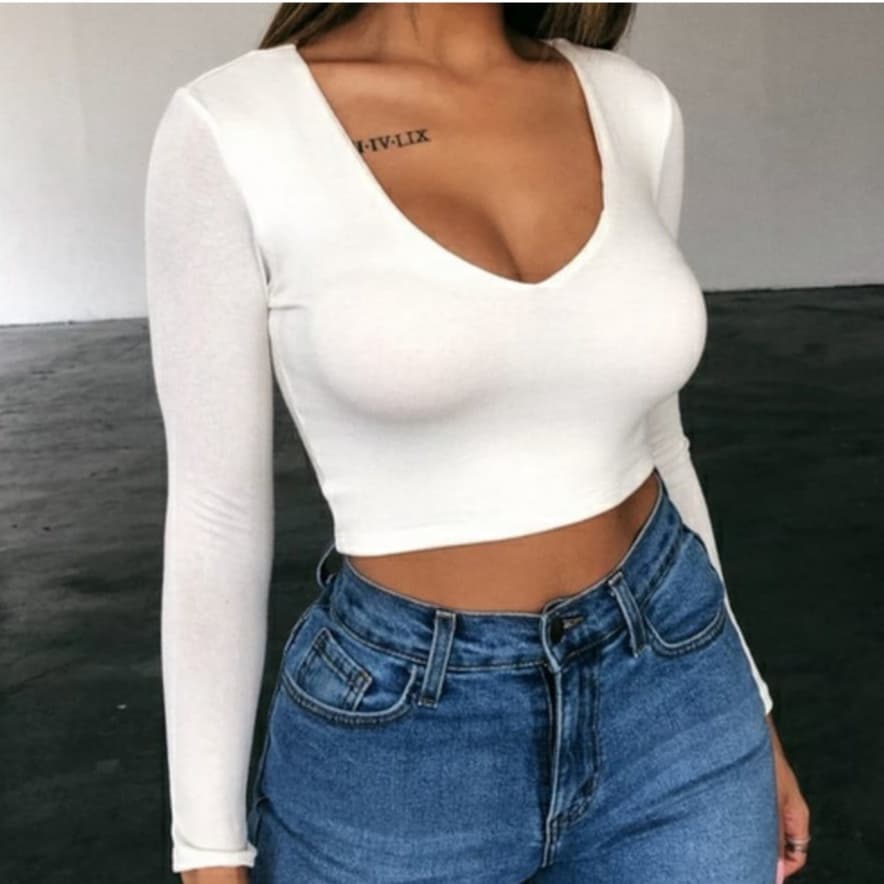 Blusa Feminina Cropped Decote em V Manga Longa Em Suplex
