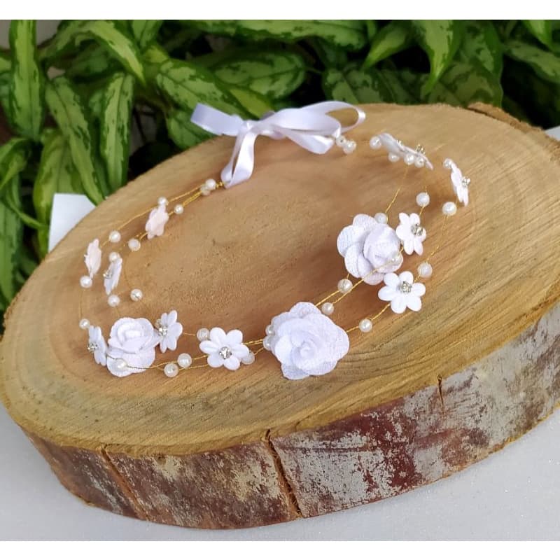tiara de flores para cabelo aramado, batizado, coroação, casamento. headband