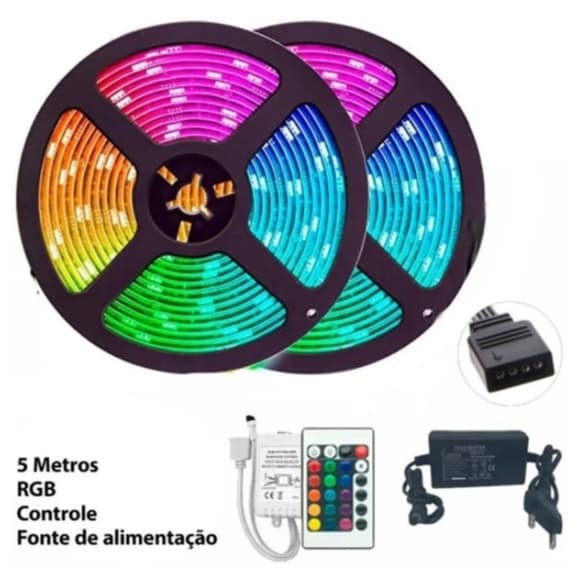 Fita Led 5m Ultra RGB 5050 Prova D'agua + Controle Com Fonte