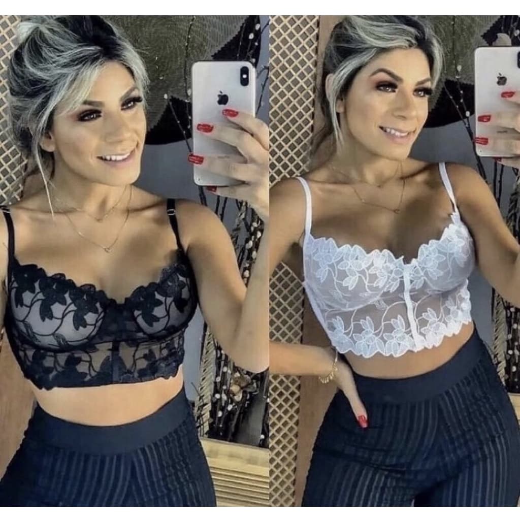Cropped Renda Top Decotado Tendência Moda Feminina