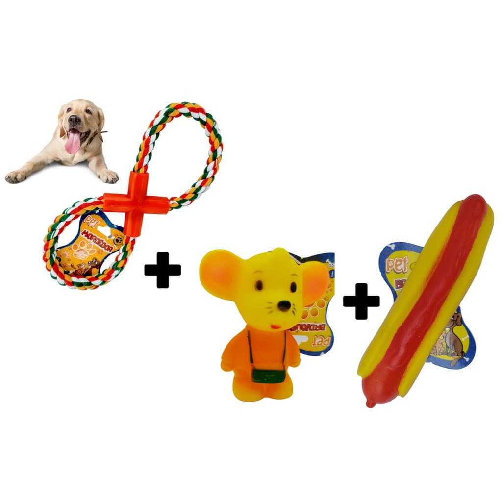 Conjunto Mordedor De Corda + Ratinho + Salsicha de Borracha com Apitos, para Cachorro PET - acessorio pra brincar, Brinquedos cachorros, Dog, Caes e animais