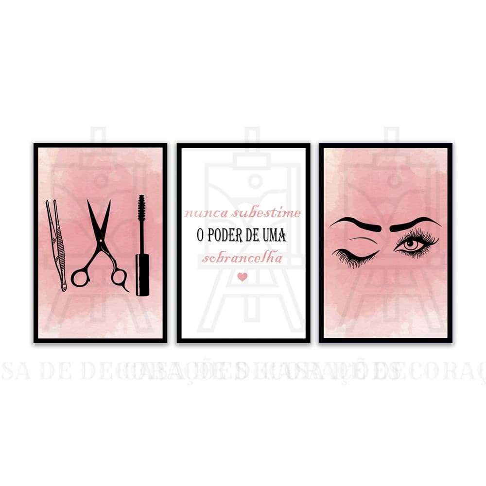 Kit Quadros Decorativos 3 Peças Mosaico Conjunto Decoração Salão de Beleza Sobrancelha Feita Frase Nunca Subestime o Pode de Uma Sobrancelha Cabelereiro Estilo Mulher Linda Tesoura Pinça Rimeu Olhos