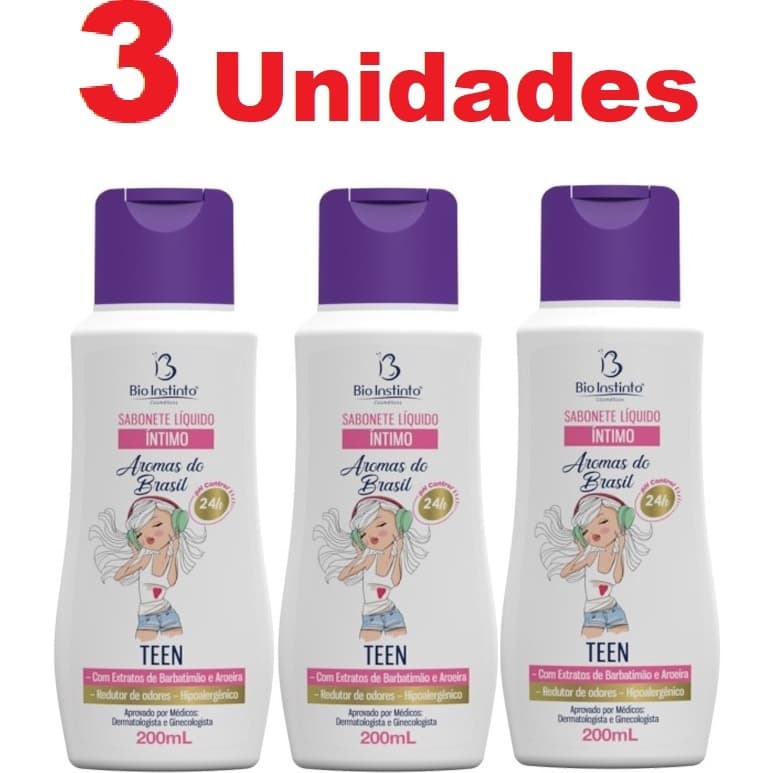 Kit com 03 unidades Sabonete Íntimo Teen Hipoalergênico Aromas do Brasil 200ml - Bio Instinto