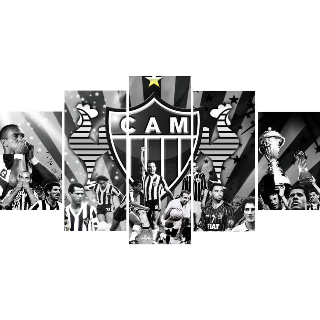 Quadro Decorativo Mosaico 5 Peças Atlético Mineiro Galo Figuras Preto E Branco
