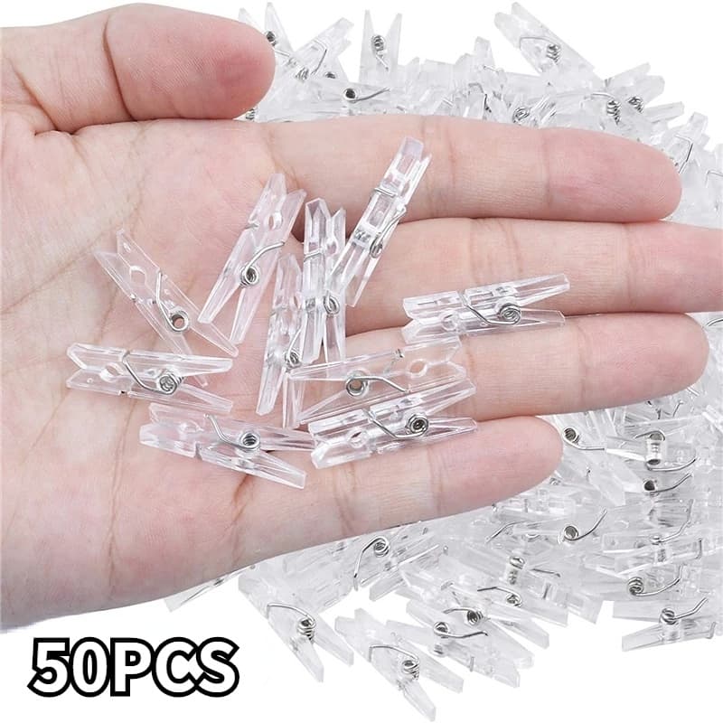50 Pcs Transparente Primavera Pendurado Clipes Clipe Linha De Roupas De Plástico Mini Fotos De Papel Artesanato Decoração Grampos