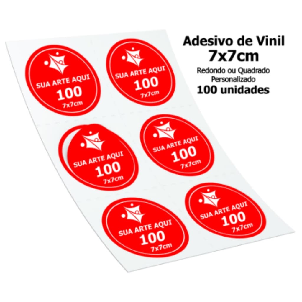 100 Adesivos 7x7cm PERSONALIZADO com Recorte VINIL BRANCO OU TRANSPARENTE