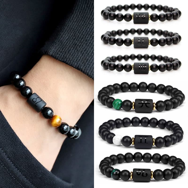 Grânulos De Pedra Preto 12 Constelação Casal Pulseira Homens Mulheres Unisex Pulseiras De Ágata Natural Masculina