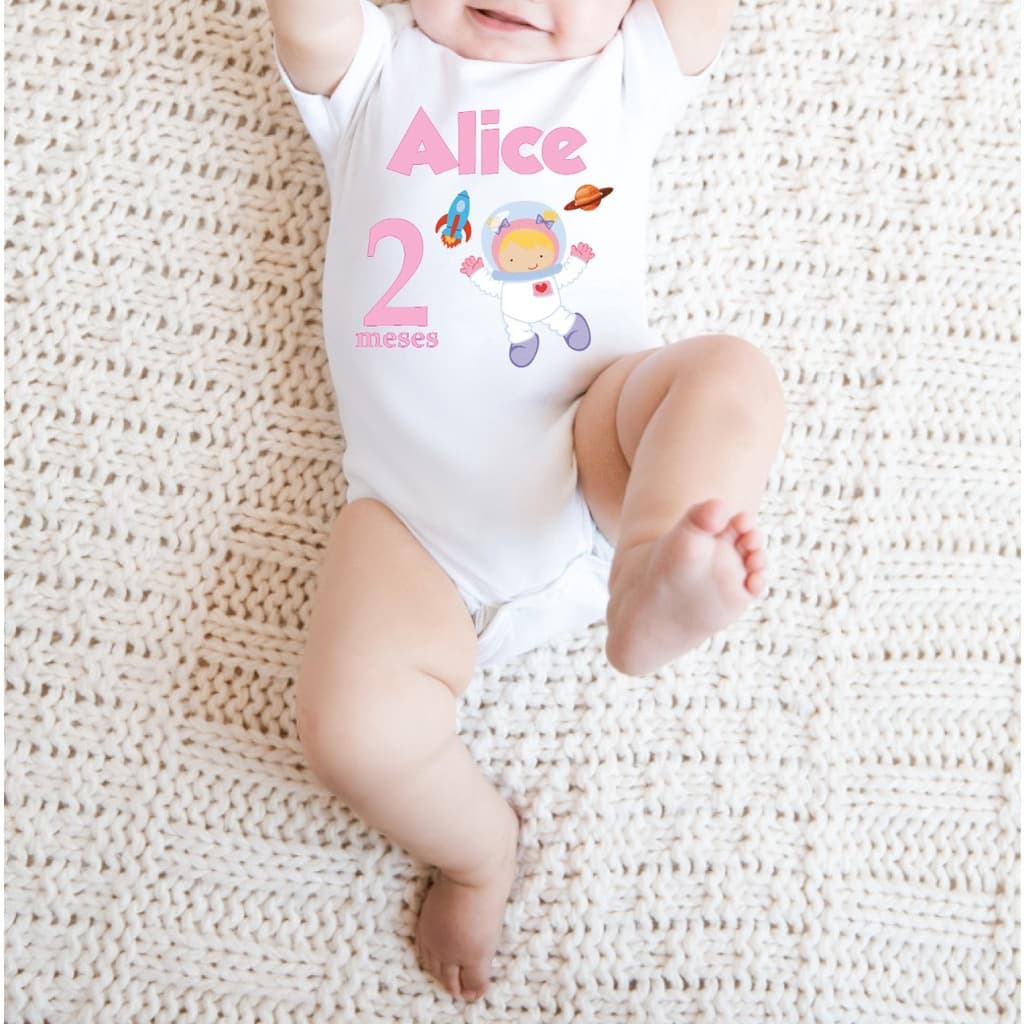 Roupa De Bebê Menina Body Mêsversário Astronauta  Personalizado C/ Nome Do Bebê