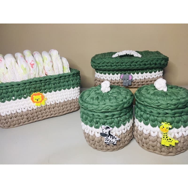 Kit Higiene Safari 4 cestos de Croche Fio de malha - 2 Potes, Porta Fraldas e Farmacinha