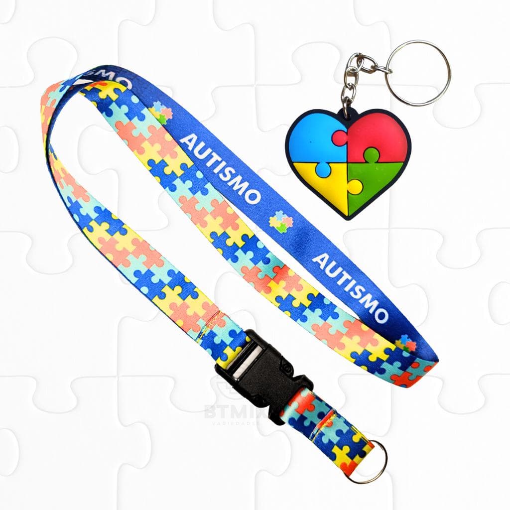 Kit Chaveiro Cordão Moto Pescoço Fecho Engate Rápido Crachá Autista/TEA Quebra Cabeça Azul + Chaveiro Coração