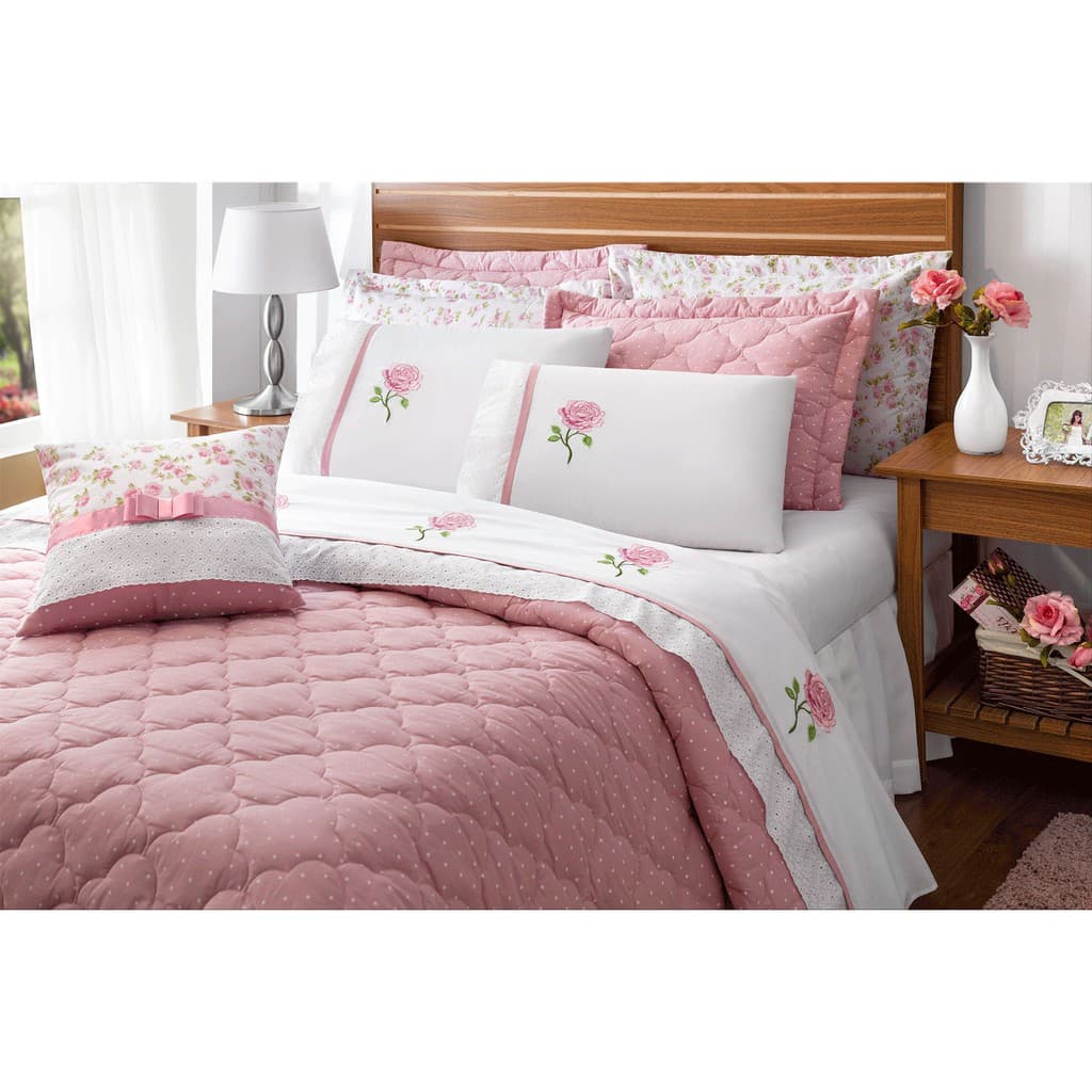 Cobre leito Athenas queen  7 pcs dupla face rosas 180 fios