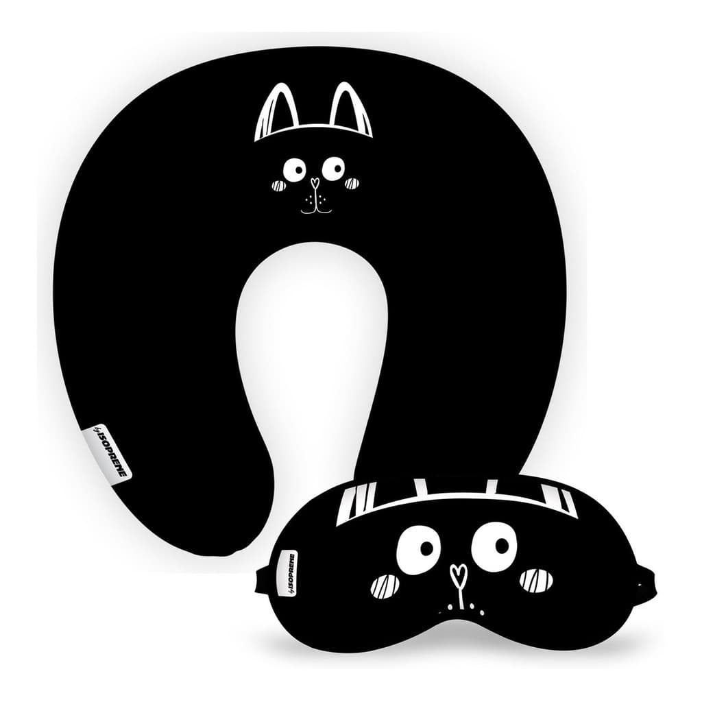 Kit Viagem Almofada de Pescoço Máscara de Dormir Gatinho Preto