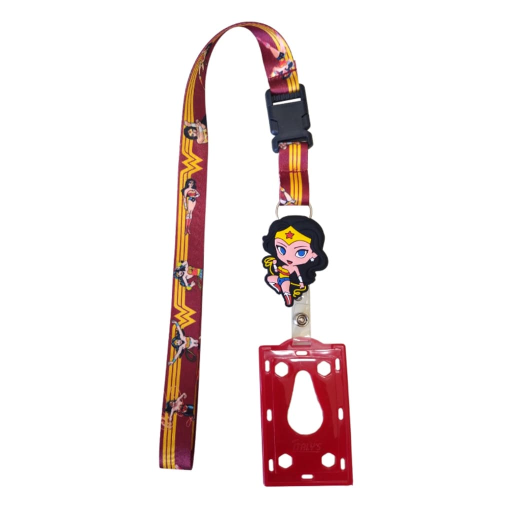 Kit Cordão Mulher Maravilha com Fecho Engate Rápido + Porta Crachá Retrátil Mulher Maravilha + Porta Cartão Vermelho