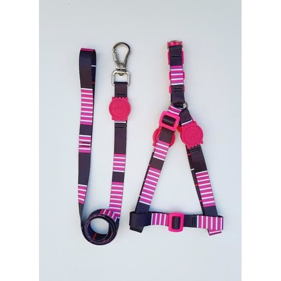 Coleira Peitoral Americano com Guia para Cachorro preto com listras rosa e branca