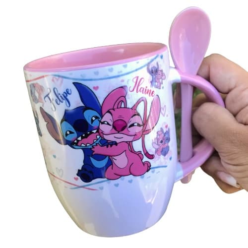 Caneca xícara de Porcelana Personalizada Com Colher Stitch e Angel Namorados