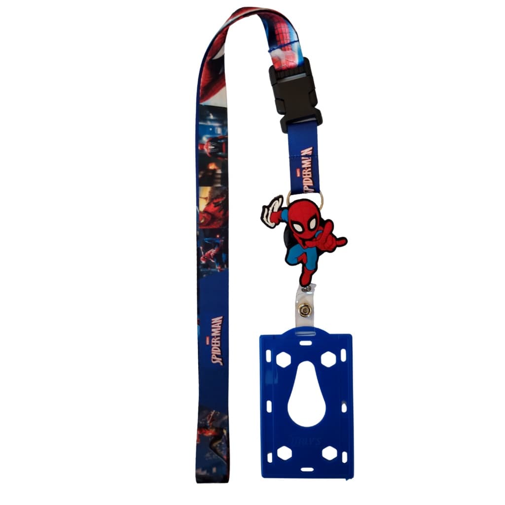 Kit Cordão Spider-Man com Fecho Engate Rápido + Porta Crachá Retrátil Homem Aranha + Porta Cartão Azul