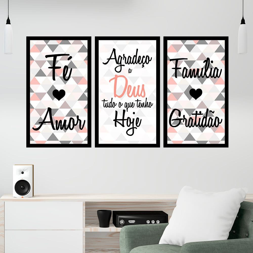 Kit Placa quadrinhos decorativo 3 peças 20x30 MDF Agradeço a Deus tudo que tenho hoje Frases coração