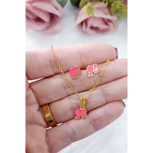 Conjunto de brinco e corrente infantil pequena sereia ariel folheado a ouro 18k pronta entrega