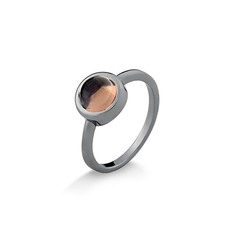Anel Feminino Pedra Natural Obsidiana Fumê em Ródio Negro Joias Minimalista Prateado Solitário Namoro Noivado Aparador