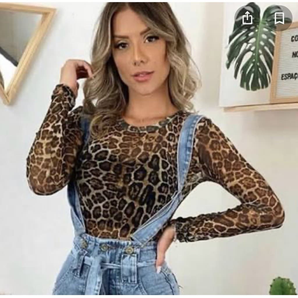Body Tule Roupas Feminina Manga Longa Onça Oncinha Transparência