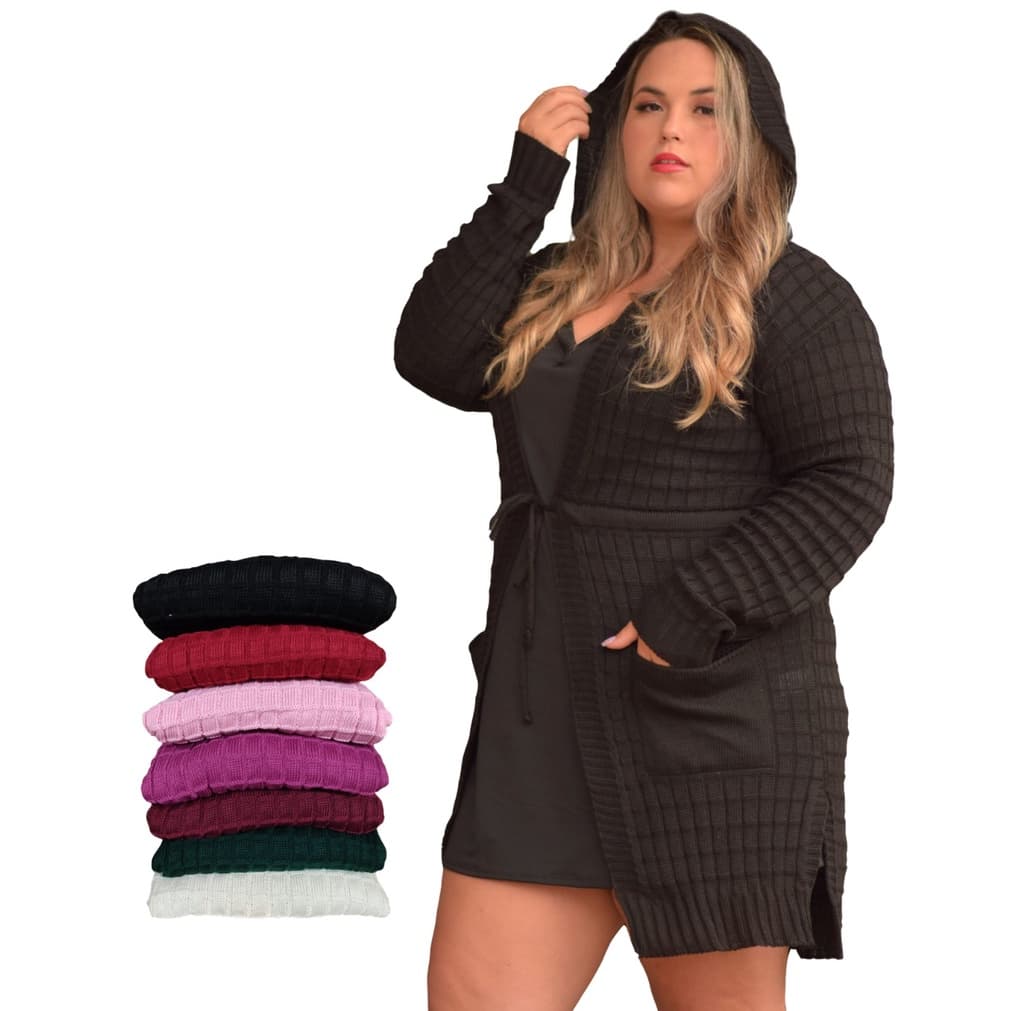 Blusa Feminina Parka Plus Size Tricot Casaco Inverno Capuz