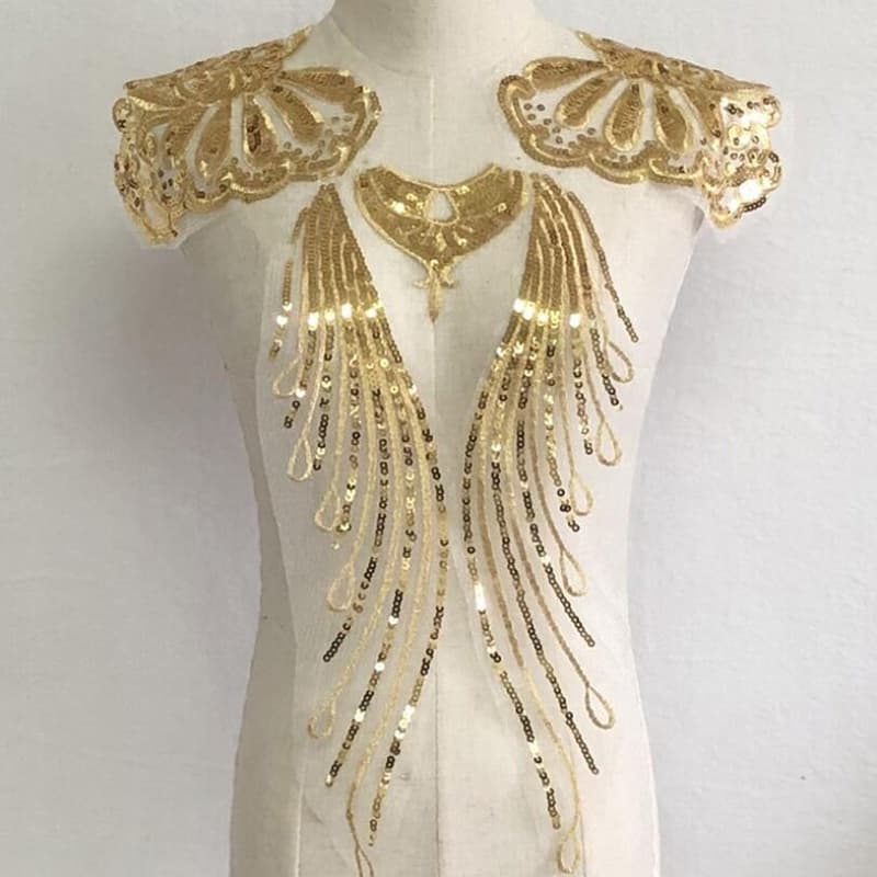 1 Conjunto De Apliques De Vestido De Lantejoulas Douradas Bordados Remendo De Costura Para Decoração De Casamento Faça V