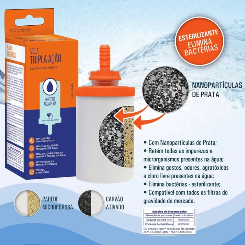 Vela Filtro Barro Por Gravidade Tripla Ação com Nanoparticulas de Prata Alta Filtragem Elimina Impurezas