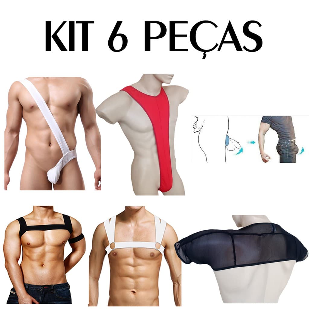 Kit 6 Peças Masculina Anel Aumenta Volume + Harness + Bodystrap Cuecas Sexlord