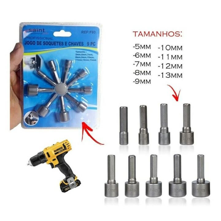 Kit Jogo de pontas Bits Soquete Canhão para Parafusadeira chave catraca e manual 9 pçs