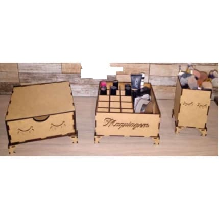 Kit maquiagem 3 peças, porta pincéis, gaveteiro, porta baton