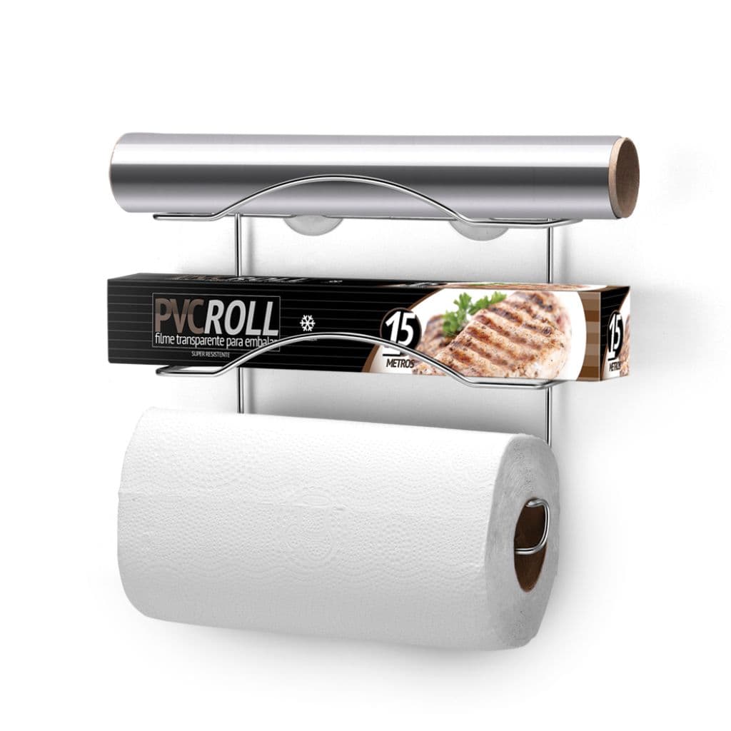 Porta Papel Toalha Papel Alumínio Plástico Filme Organizador de Cozinha para 03 Rolos Cromado Arthi