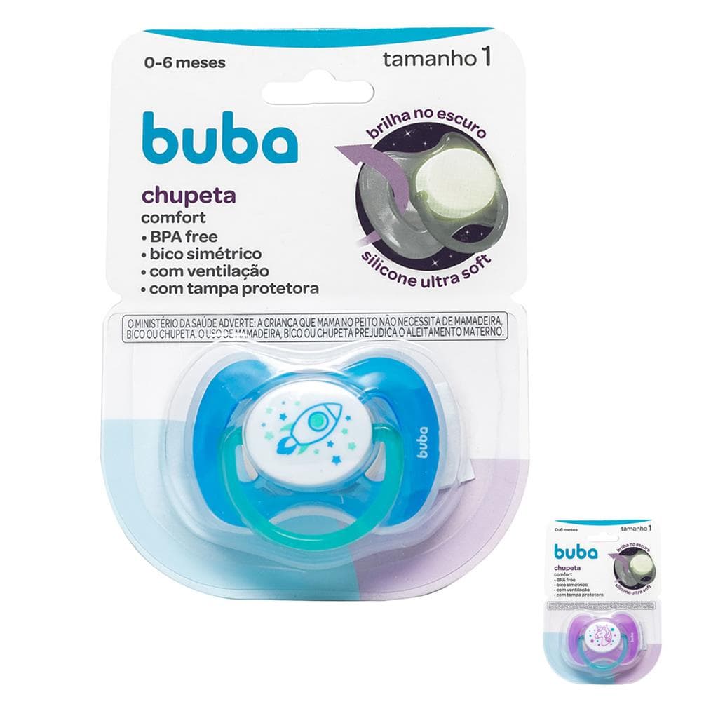 Chupeta Comfort Fase 1 Brilha no Escuro Com Tampa Protetora Silicone Ultra Soft Buba