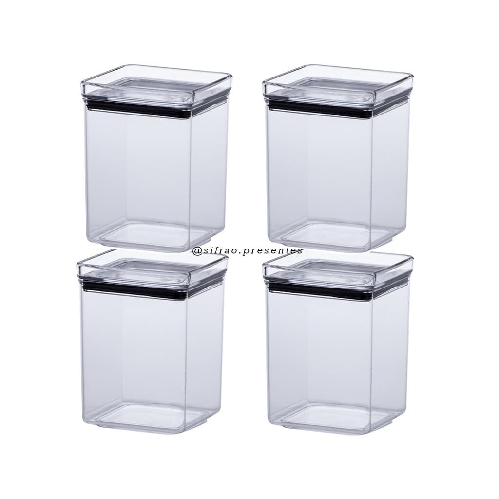 04 Potes Mantimento Hermético Empilhável Quadrado 1000 Ml