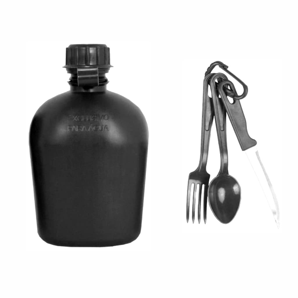 Kit Sobrevivência / Camping - Cantil 900 ML + Talher De Campo / Preto
